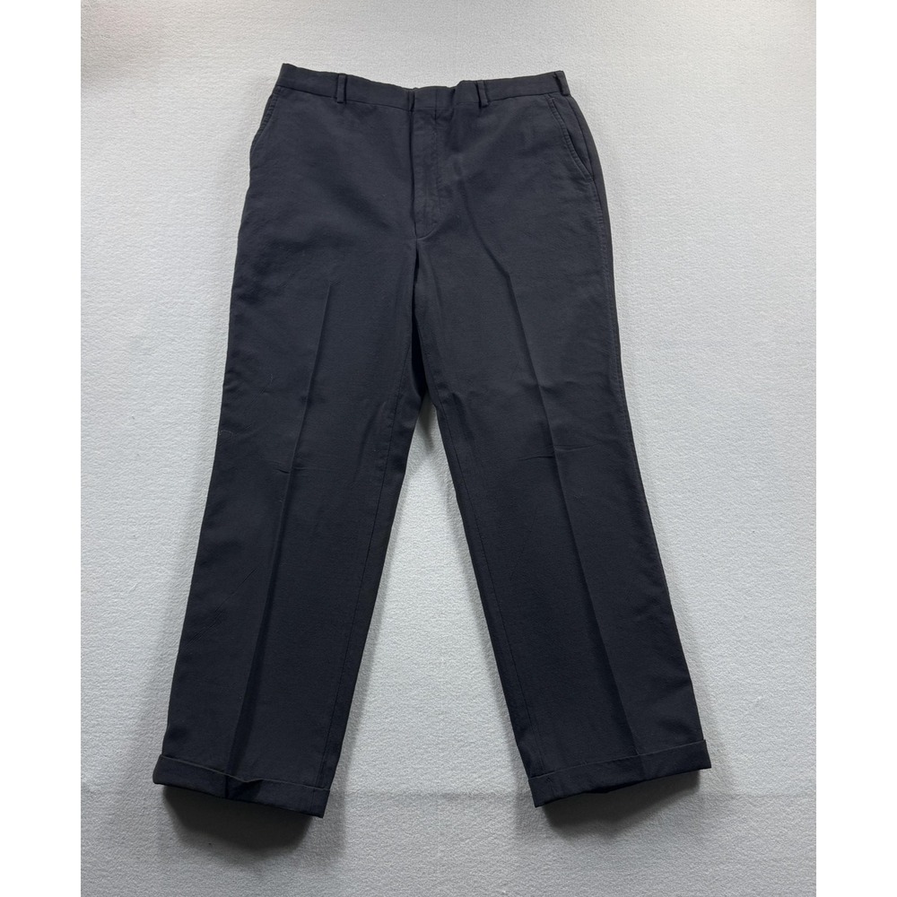 Lands' End Pants Mens 38x28 Black 100% Wool Dress Slacks Flat Front Made In USA